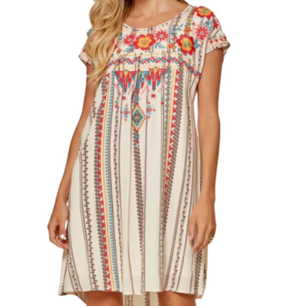 Savannah Jane Cream and Brown Short Sleeve Embroidered Dress
